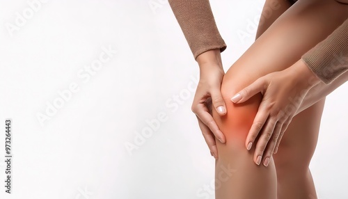 woman with knee pain showing red glow area of concern - Sports injury concept torn medial or lateral meniscus, cruciate or collateral ligaments. isolated on white background with copy space photo