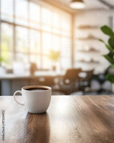 Wallpaper Mural A cup of coffee on a wooden table in a modern office workspace with sunlight streaming in Torontodigital.ca