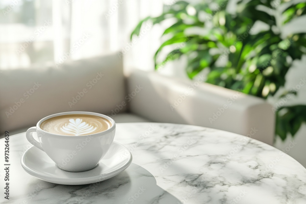 A warm cup of coffee on a marble table within a light and airy living space with plants A warm cup of coffee on a marble table within a light and airy living space with plants