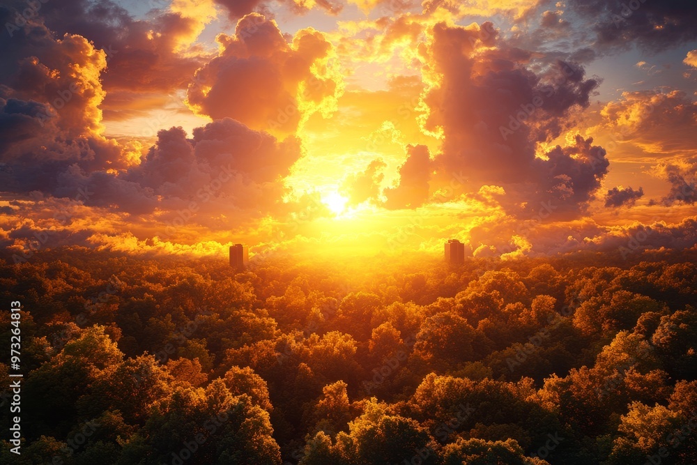 Naklejka premium Golden Hour Sunset Over Forest - A breathtaking aerial view of a forest bathed in the golden glow of a setting sun, with dramatic clouds casting long shadows. The vibrant colors and the peaceful atmos