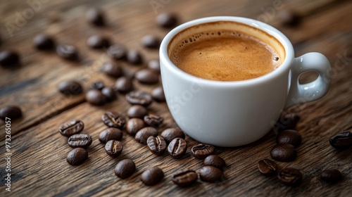 A close-up view of a steaming espresso cup surrounded by coffee beans on rustic wood