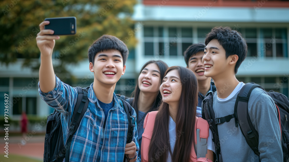 Obraz premium Asian students taking a selfie at the campus, school building in the background. Happy young asian people in from of a high school building. Education theme. Asian students learning abroad in Europe o