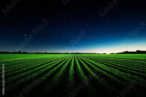 Starry Night Over a Green Field, capturing the serene beauty of a vast field under a clear night sky with a blanket of twinkling stars. The image evokes feelings of peace, tranquility, and the vastnes photo