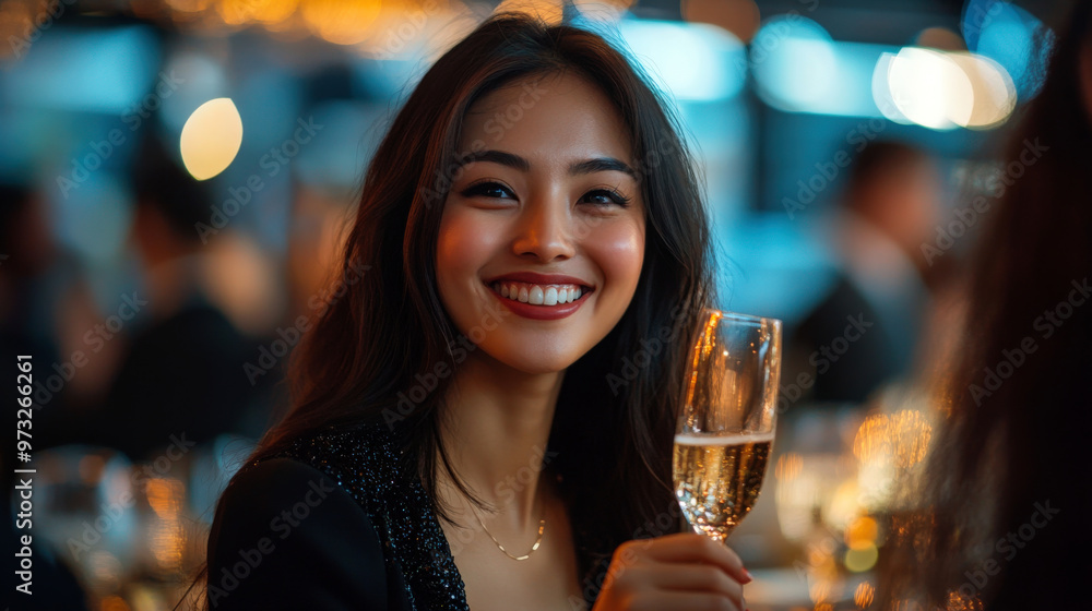 Asian woman holds a glass of champagne, smiling and cheering with colleagues at a lively corporate celebration in a fancy venue Asian woman holds a glass of champagne, smiling and cheering with colleagues at a lively corporate celebration in a fancy venue
