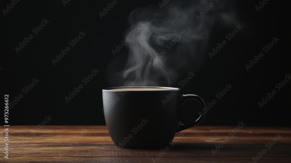Steaming hot coffee cup on a wooden table with smoke rising against a black background Steaming hot coffee cup on a wooden table with smoke rising against a black background