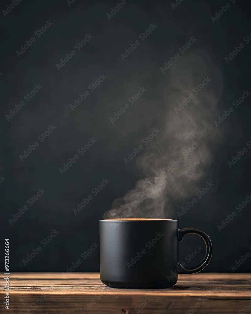 Steaming black coffee mug on wooden table with smoke against a black background Steaming black coffee mug on wooden table with smoke against a black background