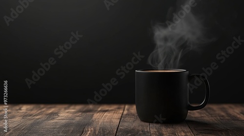 Steaming black coffee cup against a black background on a rustic wooden table photo