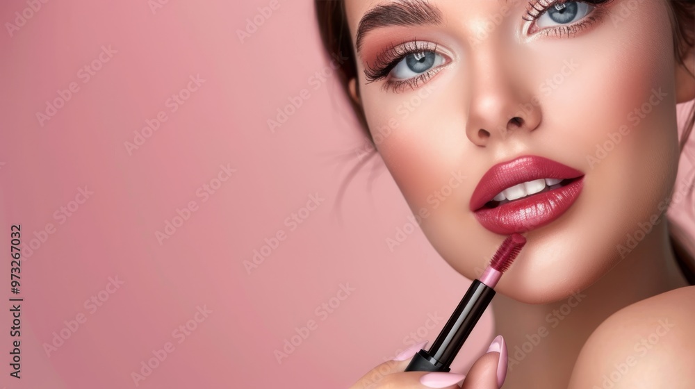 Glamorous woman highlighting her luscious lips Premium cosmetic product display Close-up photo with clean background Glamorous woman highlighting her luscious lips Premium cosmetic product display Close-up photo with clean background