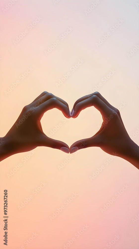 Fototapeta premium Hands forming a heart shape, representing love and help, with a light solid color behind them