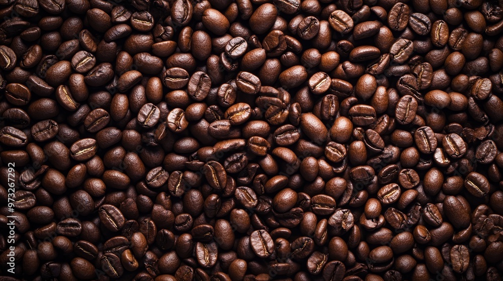 Close-up of high-resolution coffee beans texture from a top view in an ultra-detailed arrangement Close-up of high-resolution coffee beans texture from a top view in an ultra-detailed arrangement