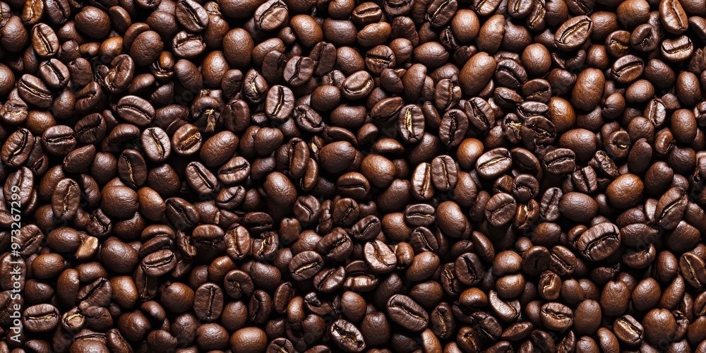 High-resolution close-up of coffee beans creating a textured background from a top view perspective High-resolution close-up of coffee beans creating a textured background from a top view perspective