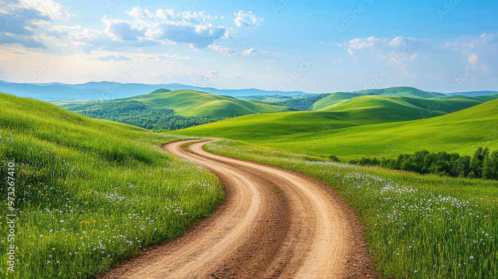 Summer landscape with a country road disappearing into the horizon among green hills Summer landscape with a country road disappearing into the horizon among green hills