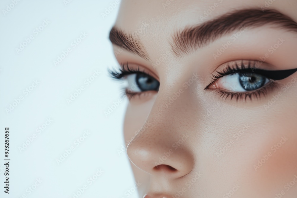 A model showcasing a flawless eye makeup look, including winged eyeliner and perfectly. A model showcasing a flawless eye makeup look, including winged eyeliner and perfectly.