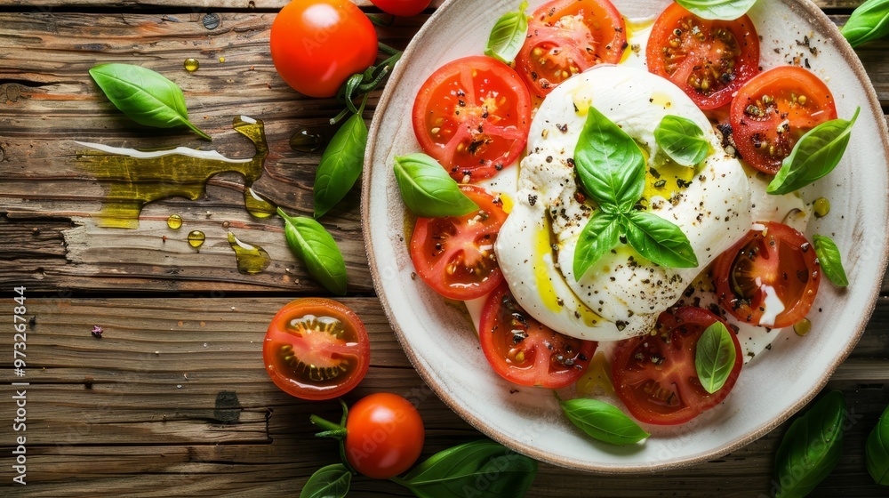Enjoy a Caprese salad with ripe tomatoes, creamy mozzarella, and aromatic basil, perfect for summer dining Enjoy a Caprese salad with ripe tomatoes, creamy mozzarella, and aromatic basil, perfect for summer dining