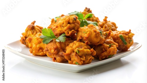 Close-up image of crispy pakora in white plate isolated on white background.