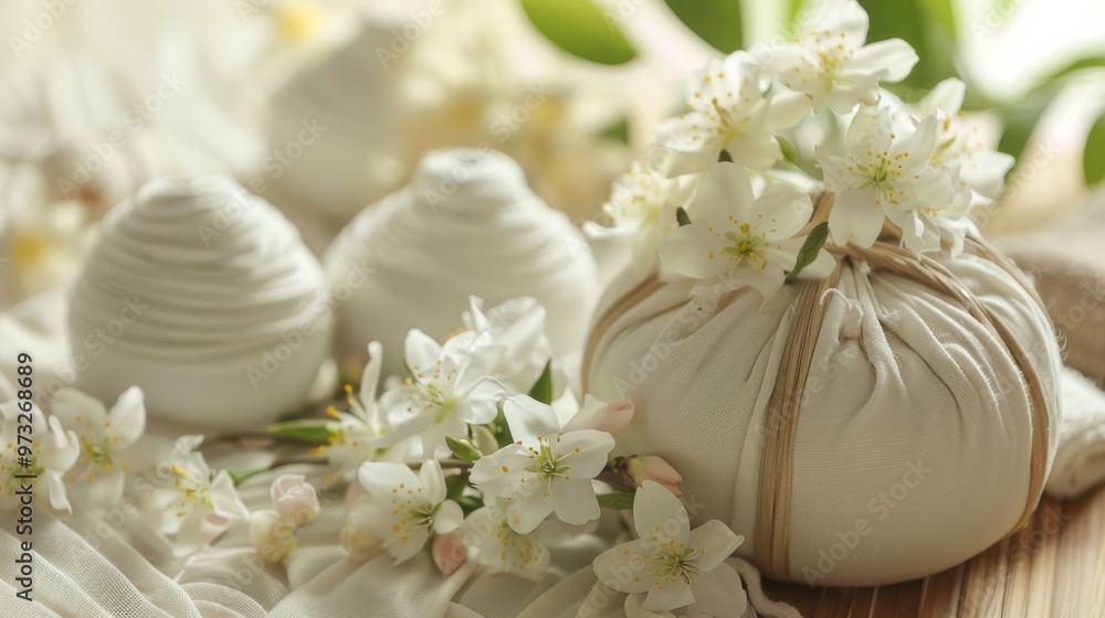 Herbal compress and jasmine flowers in a peaceful spa Close-up photo with clean background Herbal compress and jasmine flowers in a peaceful spa Close-up photo with clean background