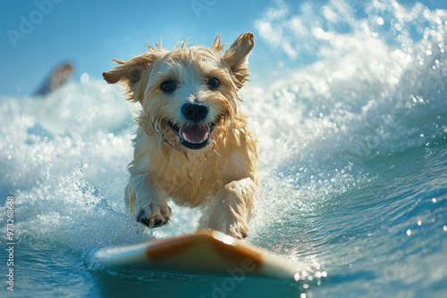 A dog surfing on a wave photo