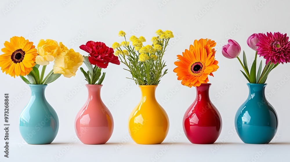 Blooming spring flowers in vibrant hues adorn brilliant vases, standing alone against a pure white backdrop. Blooming spring flowers in vibrant hues adorn brilliant vases, standing alone against a pure white backdrop.