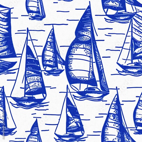 Coastal sail boat in azure ocean blue seamless background, Modern sailing race boat block print for decorative coast interior furnishing fabric . Rustic linen beach cottage trend tile.  photo