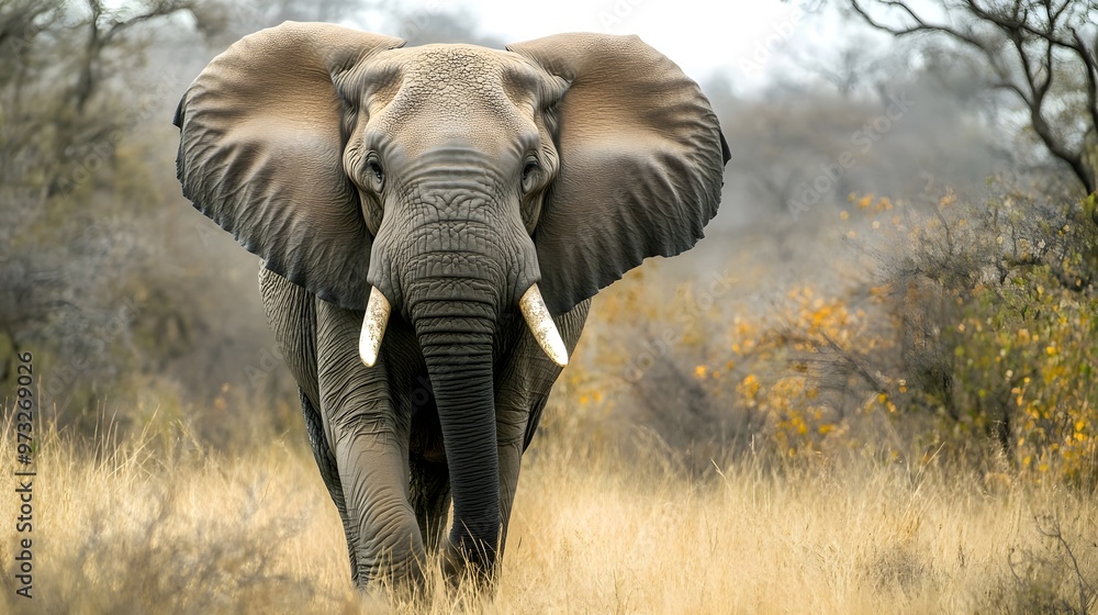 Fototapeta premium An up-close shot of a majestic elephant walking through the bush in Kruger National Park, with a blurred background for emphasis