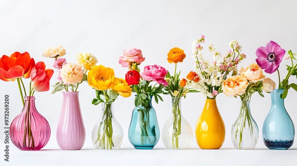 Blooming spring flowers in vibrant hues adorn brilliant vases, standing alone against a pure white backdrop. Blooming spring flowers in vibrant hues adorn brilliant vases, standing alone against a pure white backdrop.