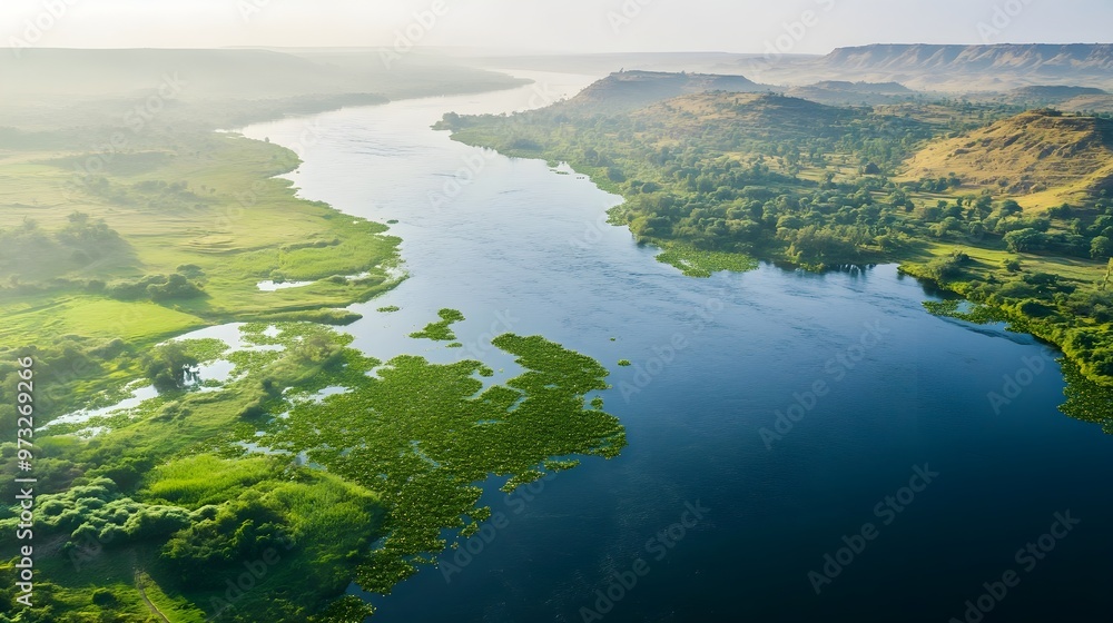 Aerial view of the Nile River winding through lush greenery, showcasing vibrant landscapes and clear blue water Aerial view of the Nile River winding through lush greenery, showcasing vibrant landscapes and clear blue water