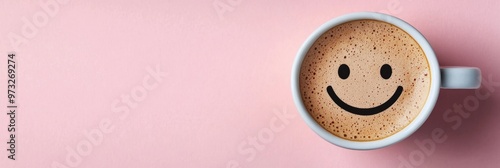 Happy coffee cup with smiley face on a pink background for an uplifting morning vibe