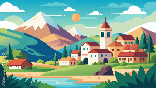 Summer nature landscape poster, web banner, cover, card with old summer town, mountains in the distance, clear sky vector design. 