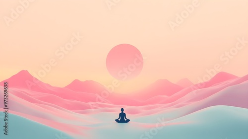 A serene landscape with a person practicing mindfulness or meditation, juxtaposed against a light solid color background, representing stress relief photo