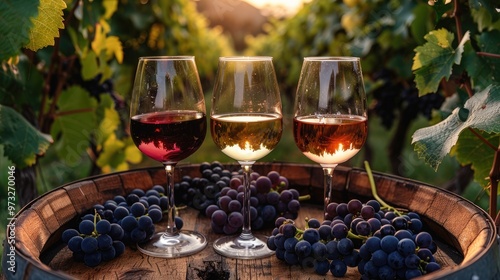 A display of three wine glasses containing different types of wine along with bunches of grapes on a wooden barrel in a green vineyard, evoking a sense of abundance.