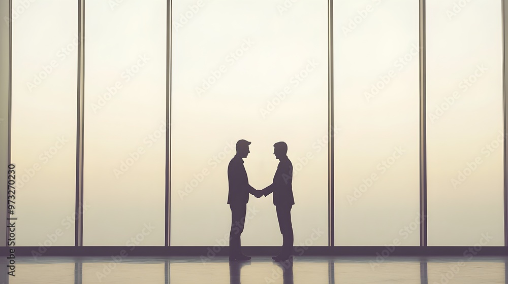 Two business partners shaking hands in front of a large window, symbolizing trust and cooperation against a light solid color background Two business partners shaking hands in front of a large window, symbolizing trust and cooperation against a light solid color background