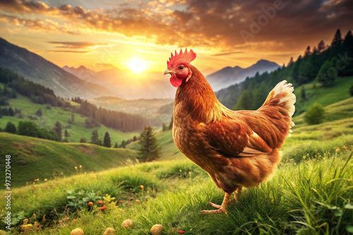 A Chicken Perched on a Rock in a Mountainous Landscape at Sunset