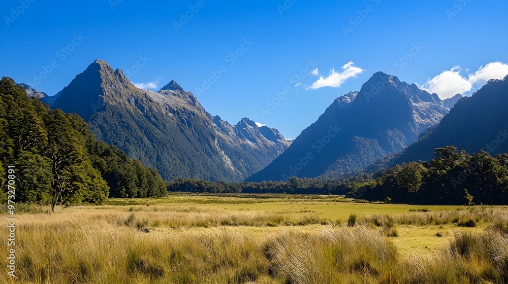 A breathtaking view of a national park with majestic mountains in the background and a clear blue sky A breathtaking view of a national park with majestic mountains in the background and a clear blue sky