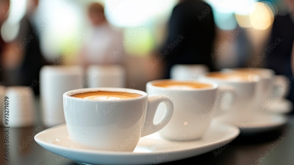 Close-up of cappuccino cups on a meeting table with blurred business professionals in the background Close-up of cappuccino cups on a meeting table with blurred business professionals in the background