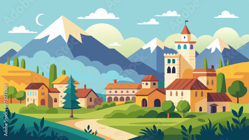Summer nature landscape poster, web banner, cover, card with old summer town, mountains in the distance, clear sky vector design. 
