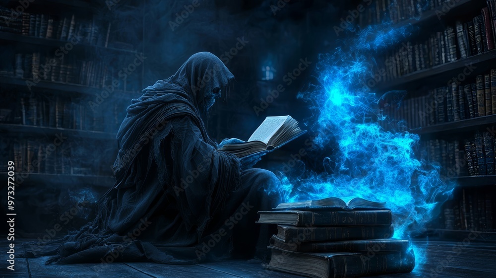 A mysterious figure reading in a dimly lit library, surrounded by glowing blue energy and ancient books. A mysterious figure reading in a dimly lit library, surrounded by glowing blue energy and ancient books.