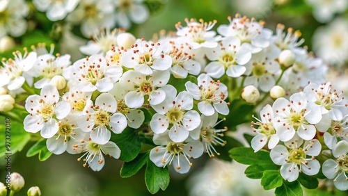 Close-up of abundant white hawthorn blossoms on bushes. photo