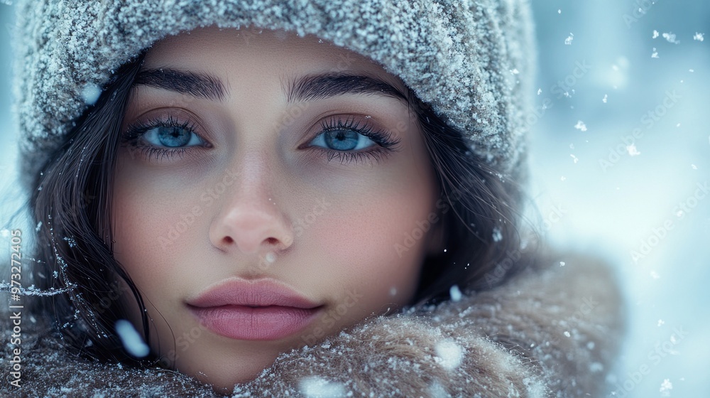 A woman with blue eyes and a hat is standing in the snow. She has a pinkish tint to her lips and is wearing a brown coat A woman with blue eyes and a hat is standing in the snow. She has a pinkish tint to her lips and is wearing a brown coat