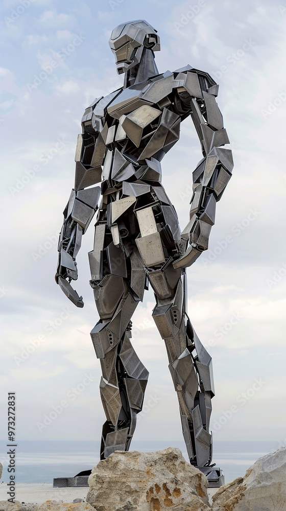 Futuristic Metal Sculpture: A Robot Stands Tall on the Coast Futuristic Metal Sculpture: A Robot Stands Tall on the Coast