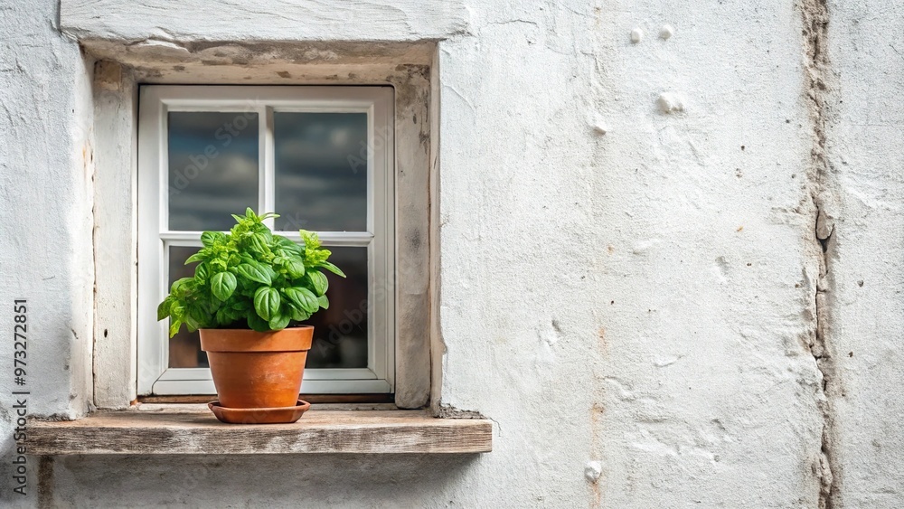 Close-up of basil plant in flower pot on whitewashed house window sill, Macro Close-up of basil plant in flower pot on whitewashed house window sill, Macro