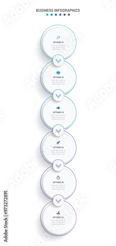 Vertical progress bar featuring 6 arrow-shaped elements, symbolizing the six stages of business strategy and progression. Clean timeline infographic design template. Vector for mobile presentation.