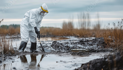 A man in protective gear inspecting an oil spill cleanup site, with the polluted area in the background