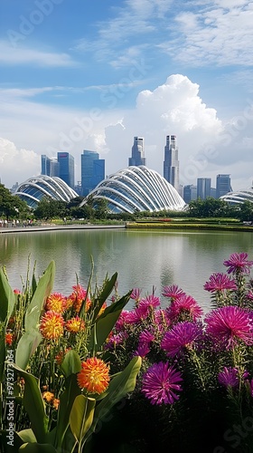 A serene landscape featuring the Gardens by the Bay, with vibrant flowers and futuristic structures in the background