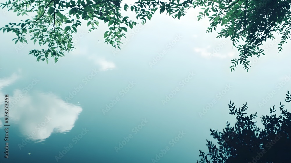 Obraz premium A minimalistic view of a tranquil lake reflecting the sky, surrounded by gentle greenery, with ample copy space