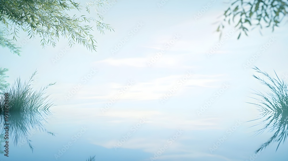 Fototapeta premium A minimalistic view of a tranquil lake reflecting the sky, surrounded by gentle greenery, with ample copy space