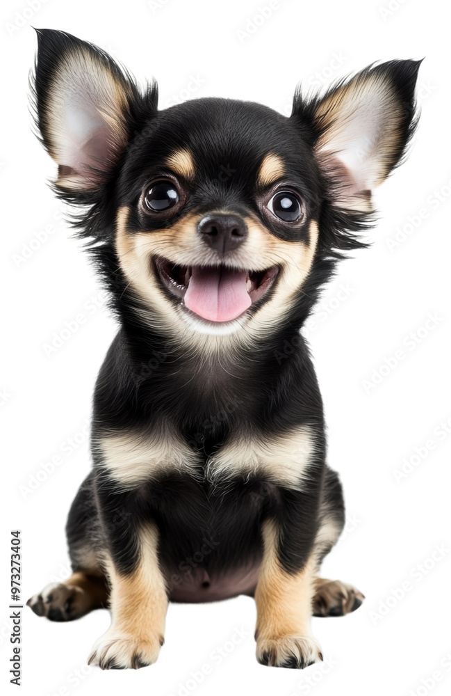 PNG Happy Chihuahua puppy sitting and smiling indoors PNG Happy Chihuahua puppy sitting and smiling indoors