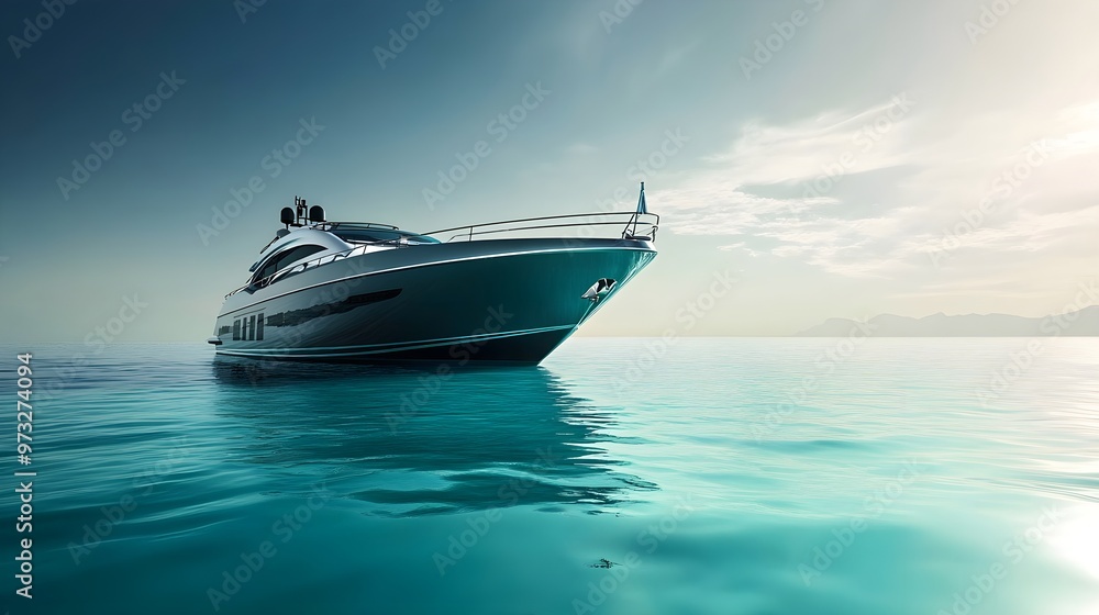 A sleek luxury yacht gliding through calm turquoise waters, showcasing its elegant lines and modern design A sleek luxury yacht gliding through calm turquoise waters, showcasing its elegant lines and modern design