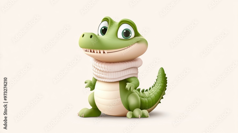 Fototapeta premium Adorable Cartoon Green Lizard Character with Big Eyes Smiling Happily
