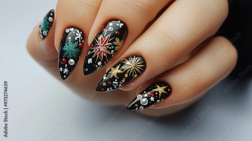 Festive Nail Art with Black Background Festive Nail Art with Black Background