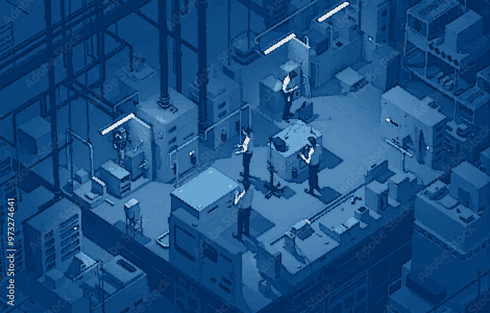 Blue technology warehouse with robot helping people with logistics, Pixel art style Blue technology warehouse with robot helping people with logistics, Pixel art style